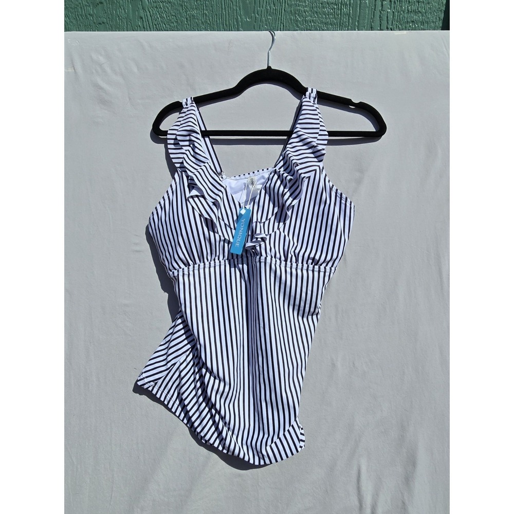 Yonique Black & White Halter Tankini Swim Top ONLY!  Size XL Ruffle Chest NEW - Picture 9 of 10
